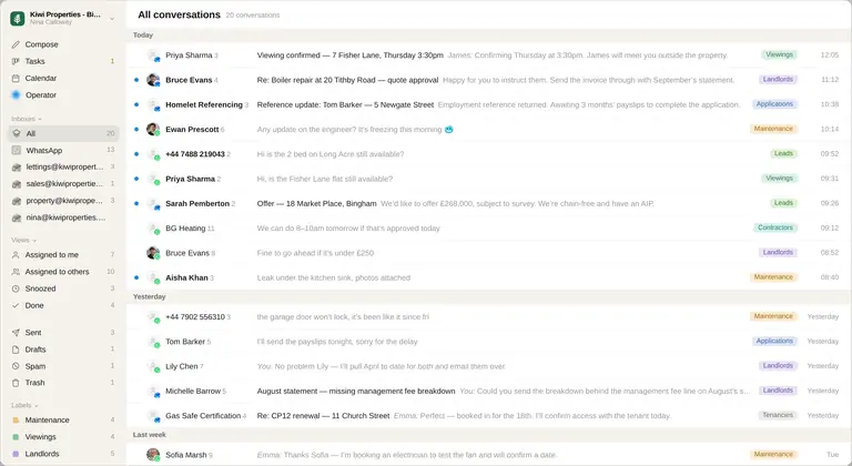 The Lanten inbox: email and WhatsApp conversations together in one list