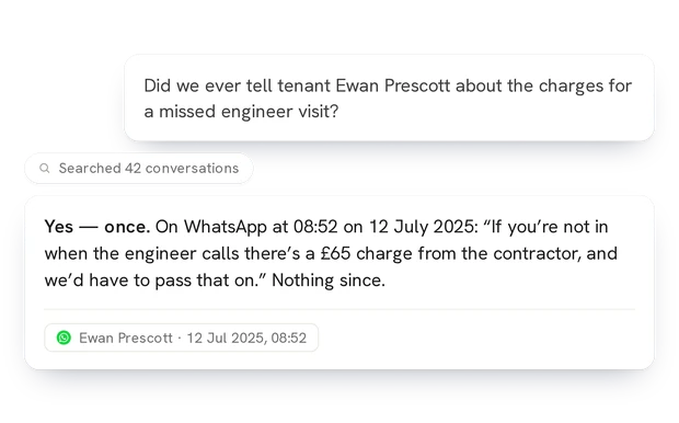 Lanten answering a question about a tenant, with the message it found