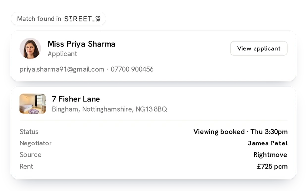 The Street record beside the message: applicant, property and tenancy detail