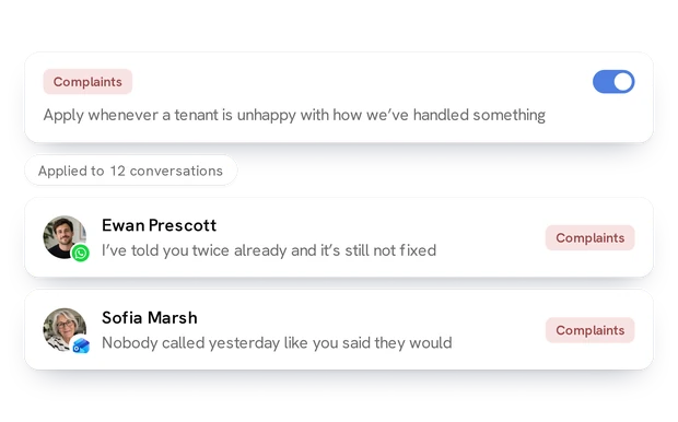 The inbox filtered to the Maintenance label, email and WhatsApp together