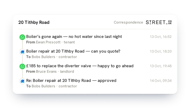 A Street property record with every email and WhatsApp on it, in order