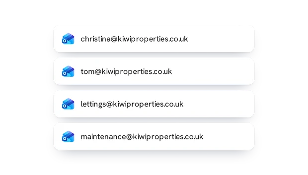 Four connected Outlook mailboxes: two personal, two departmental