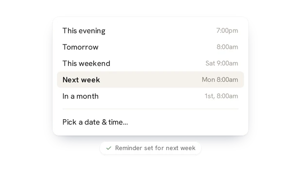 The snooze menu, with a thread set to come back next week