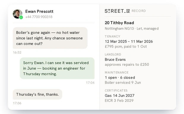 A tenant’s WhatsApp with the Street record open beside it: property, tenancy, landlord and maintenance history