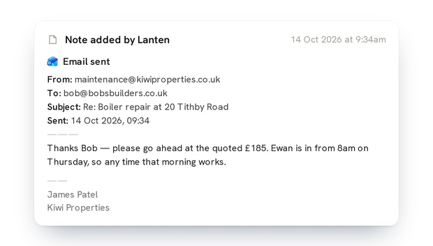 A sent email logged to the Street record as a note
