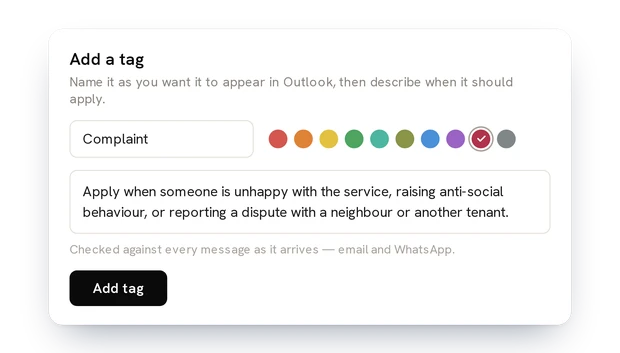 The Add a tag panel: a name, a colour and a sentence