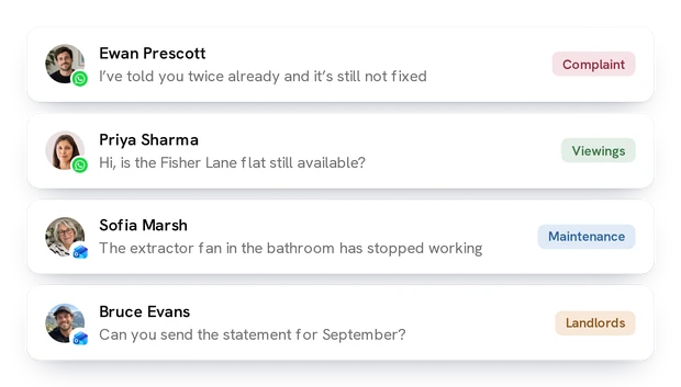 Four conversations across both channels, each wearing its tag