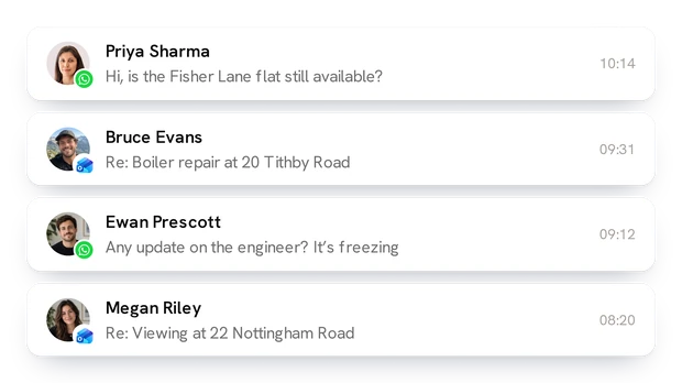 Lanten inbox: email and WhatsApp conversations together in one list